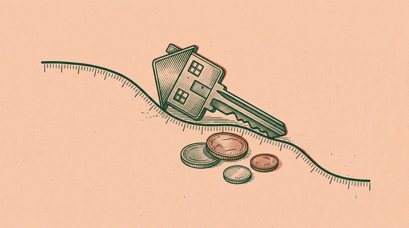 Ilustración de una llave con forma de casa sobre una línea de gráfico descendente