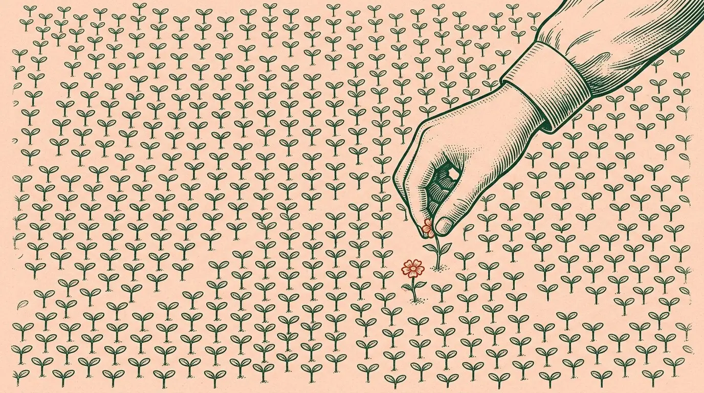 Ilustración de un campo ordenado de brotes frente a una mano que elige una sola flor