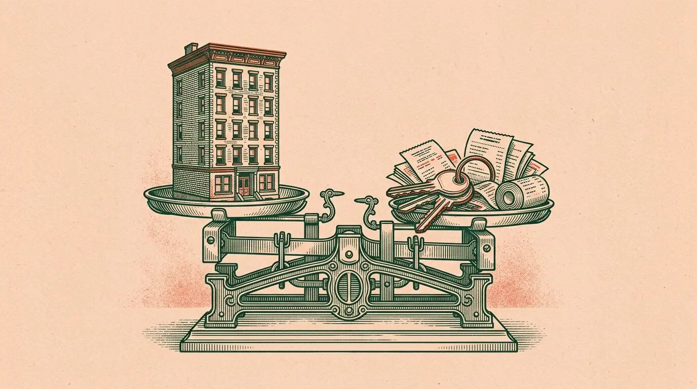 Ilustración de una balanza con un edificio de viviendas en un plato y llaves y recibos en el otro