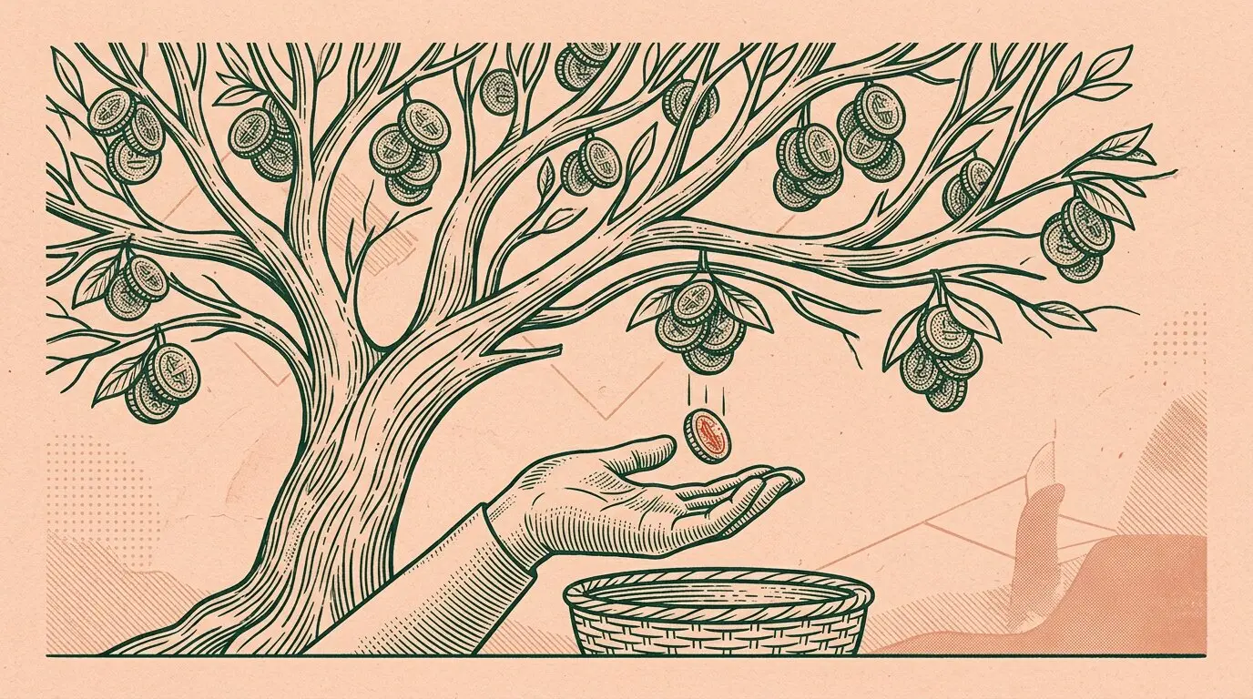 Ilustración de un árbol con monedas como frutos y una mano recogiéndolas en una cesta