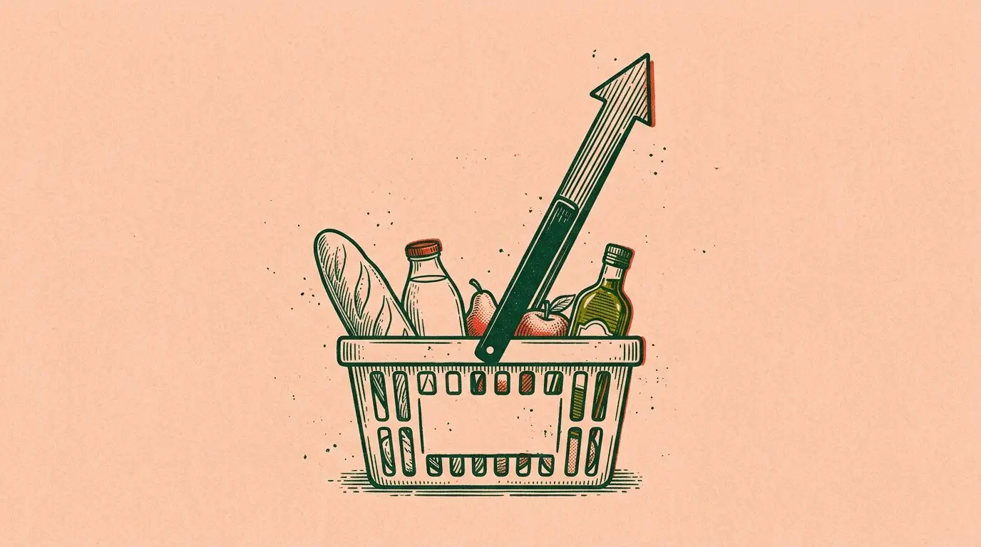 Ilustración de una cesta de la compra con pan, leche, aceite y fruta cuyo asa se convierte en una flecha ascendente