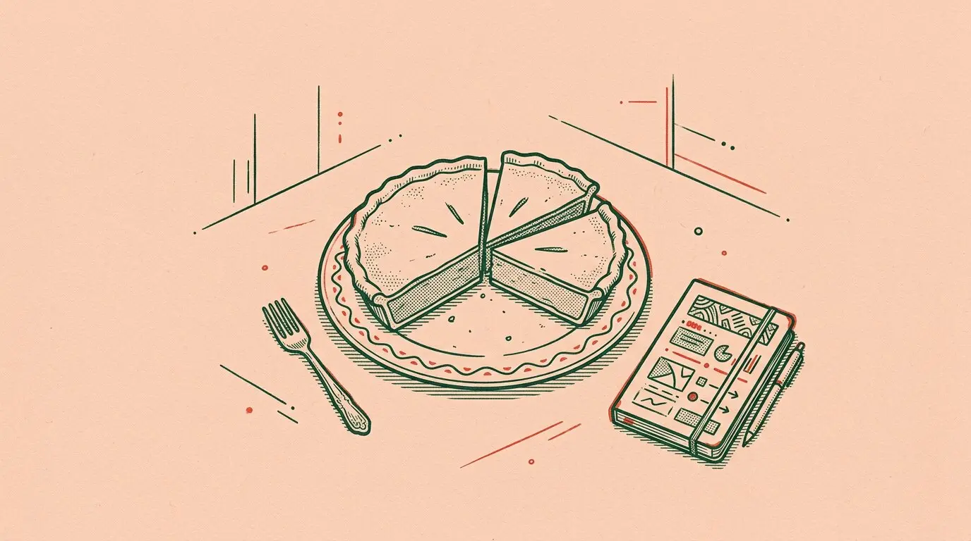 Ilustración de un plato con una tarta dividida en tres porciones desiguales junto a un cuaderno